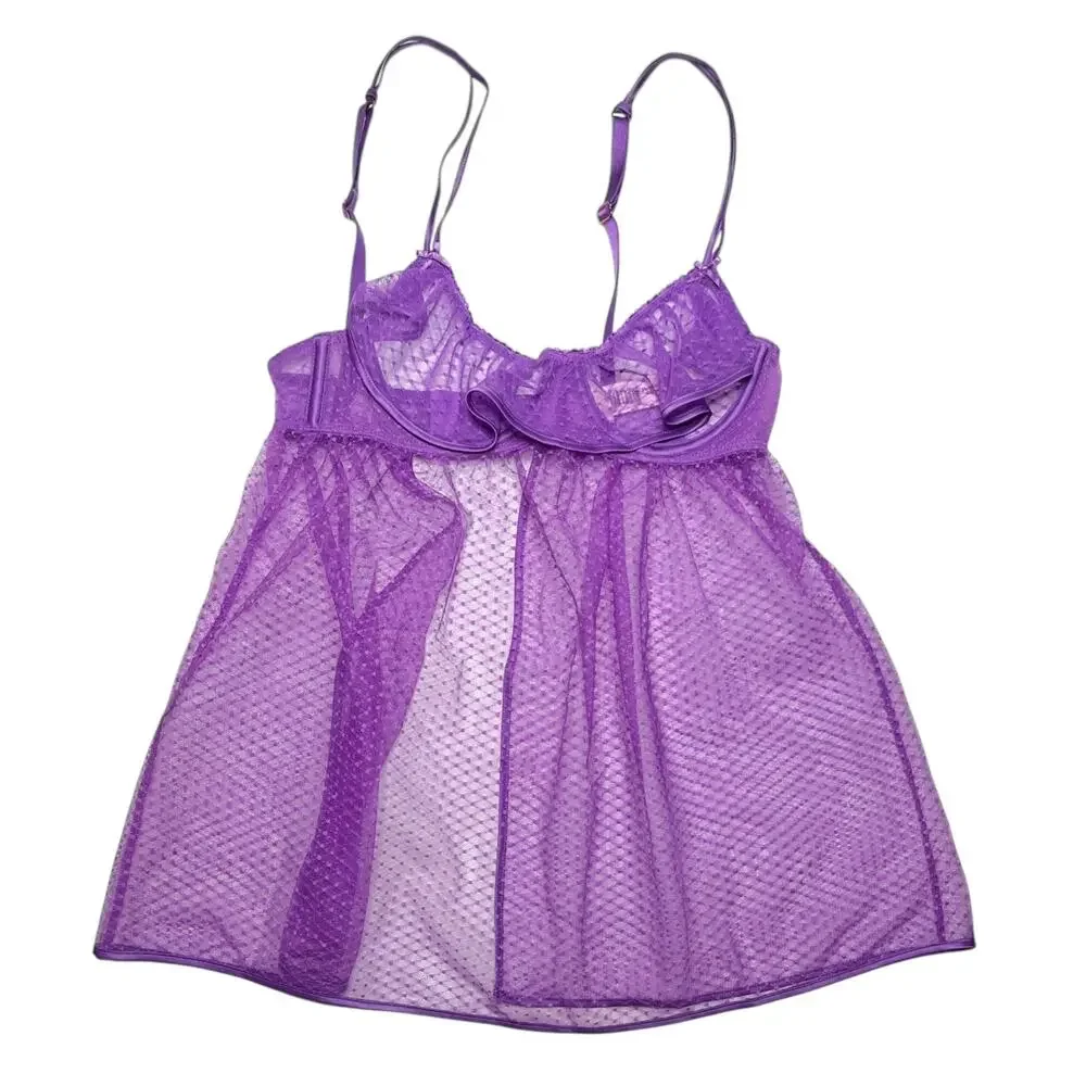 Victoria's Secret Peekaboo Mesh Open-Cup Babydoll Set Purple Tease Size XS